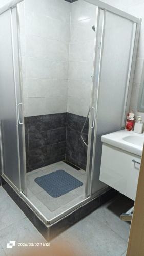 a shower with a glass door next to a sink at Ashraf Residential Complex in Luxor