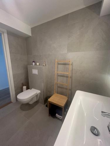 a bathroom with a toilet and a bath tub at GHAR-New 2 bedrooms apartment near airport and Oslo city-free parking in Klofta