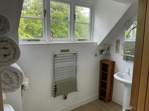 a bathroom with a sink and a towel rack at Cherrywood Lodge in Looe