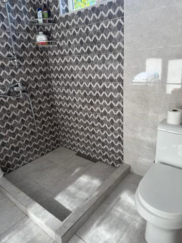 a bathroom with a toilet and a tile wall at gaydi in Gori