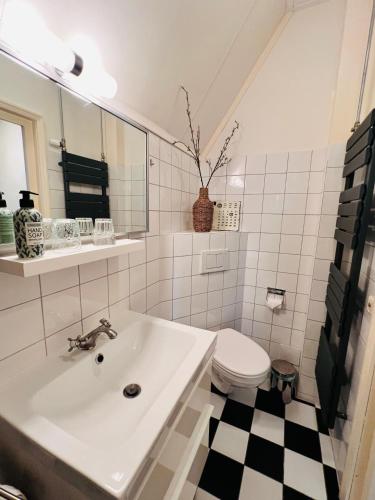 a white bathroom with a sink and a toilet at het Binnenhuis in Workum