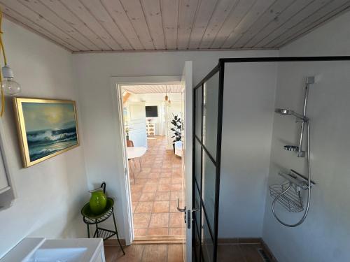 a bathroom with a shower and a door to a hallway at Guesthouse Villa Sønderklit in Skagen