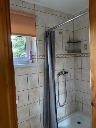 a shower with a shower curtain in a bathroom at Agroturystyka Iwona Jażdżewska in Osława Dąbrowa