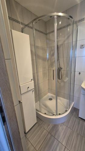 a shower with a glass door in a bathroom at Apartament u Basi in Gdańsk