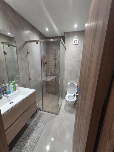 a bathroom with a shower and a toilet at Cozy apartment with pool view in Dar Hamida