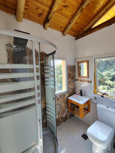 a bathroom with a shower and a toilet at Mirador in San Pedro