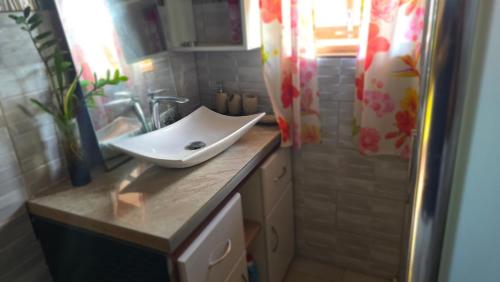 a bathroom with a white sink on a counter at Kay Lydie in Saint-Joseph