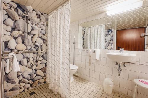 a bathroom with a stone wall and a toilet and a sink at Schiffshotel Böttger in Dresden