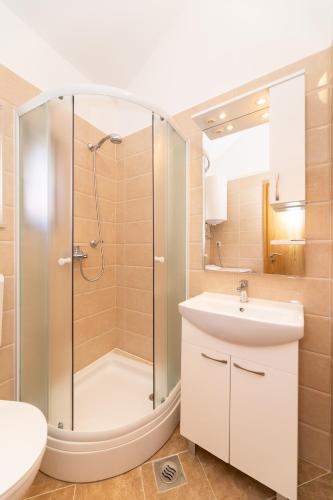 a bathroom with a shower and a sink and a toilet at APARTMENTS JELENA 1,2,3,4 & 5 SUPETAR - free parking in Supetar