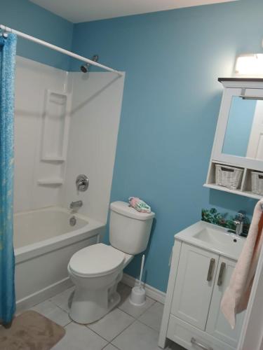 a bathroom with a toilet and a tub and a sink at Dreamdoor Apartments in Moncton