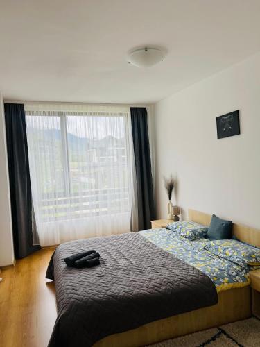 a bedroom with a bed and a large window at Bansko Aspen Relax & Chill in Bansko
