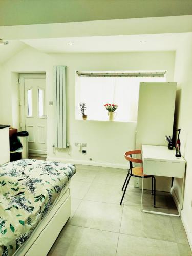 a bedroom with a bed and a desk and a window at New Studio Near Science Park Cambridge in Cambridge