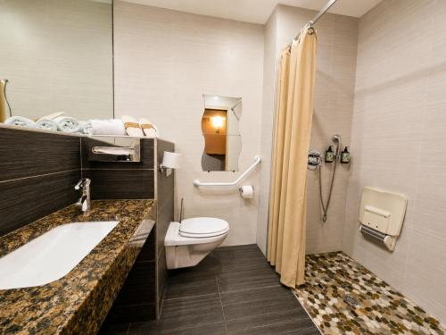 a bathroom with a toilet and a sink and a shower at Hôtel La Riviera Victoria in Yvoire