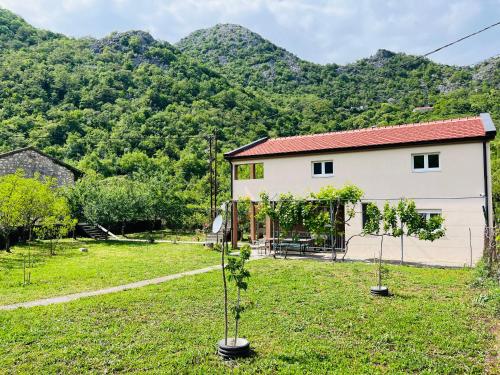 a house with two trees in a yard with mountains in the background at Djekljak House in Virpazar