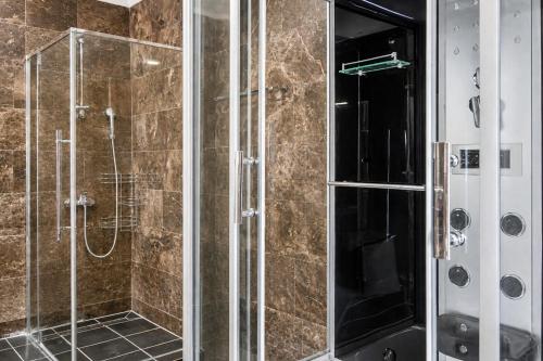 a bathroom with a shower with a glass door at Villa Vitanika in Kunjići