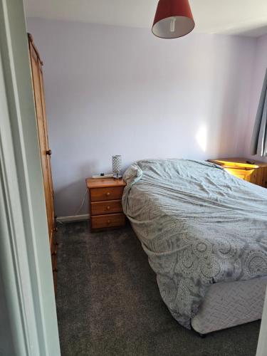 a bedroom with a bed and a dresser and a lamp at Quiet Room with ensuite in Chippenham