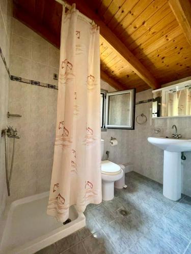 a bathroom with a shower and a toilet and a sink at Samos Panorama Hills in Pythagoreio