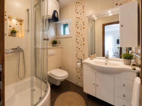 a bathroom with a toilet and a sink and a shower at Apartmani Kuic in Milna