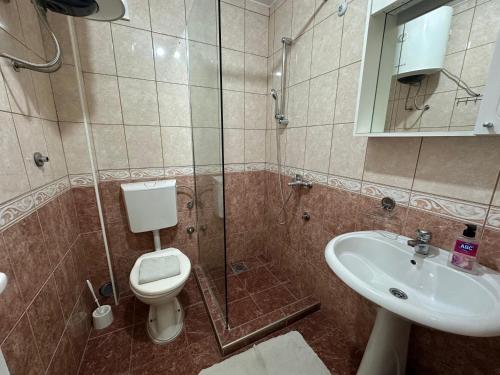 a bathroom with a shower and a toilet and a sink at Apartmani Moco in Ulcinj