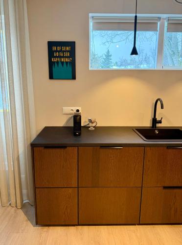a kitchen with a sink and a counter top at Fagraberg in Hafnarfjörður
