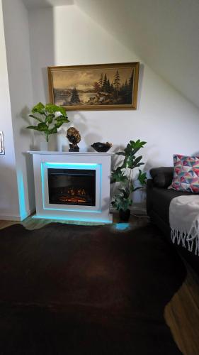 a living room with a fireplace and a couch at Golden Leaf Apartment with Parking in Burghausen