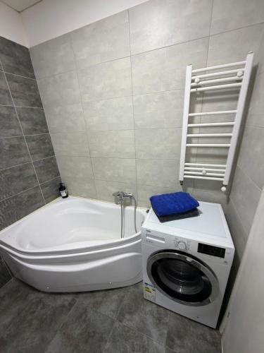 a bathroom with a washing machine and a toilet at R&C Relax Apartment 808 in Dudu