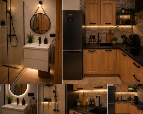 a kitchen with a black refrigerator and a sink at Siedem Światów Domek in Jurgów