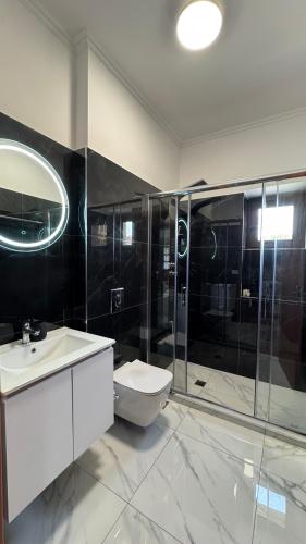 a bathroom with a toilet and a sink and a shower at Αρχοντικό Κάτω Βρύση in Levidi