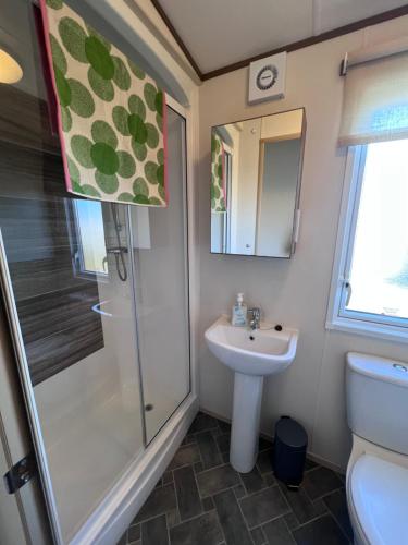 a bathroom with a shower and a sink at Aurora Beacon View in Lossiemouth