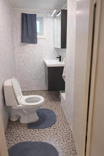 a bathroom with a toilet and a sink at T&T Vardø in Vardø