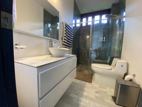 a bathroom with a sink and a toilet and a shower at Casa Colonial Maria Elena in Pereira