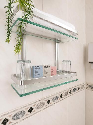 a bathroom with two glass shelves on the wall at Pensión Rocamar in Almuñécar