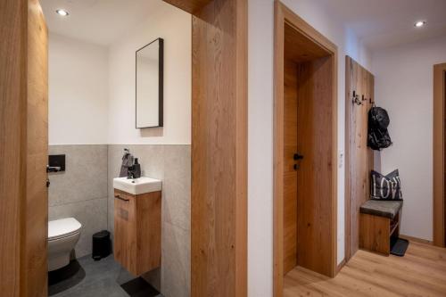 a bathroom with a toilet and a sink and a mirror at Apart Oberau - new from 2026 in Hippach
