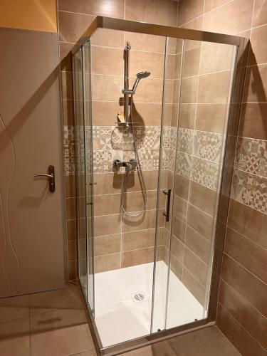a shower with a glass door in a bathroom at L'Airial du moulin in Parentis-en-Born