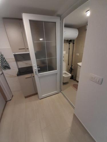 a bathroom with a toilet and a glass door at Apart SRDJ&MAR in Dobra Voda