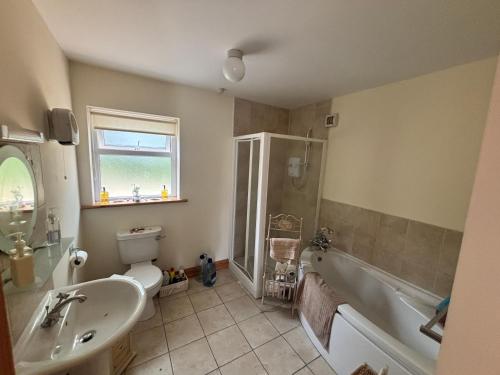 a bathroom with a sink and a tub and a toilet at Golf central in Rosslare Harbour