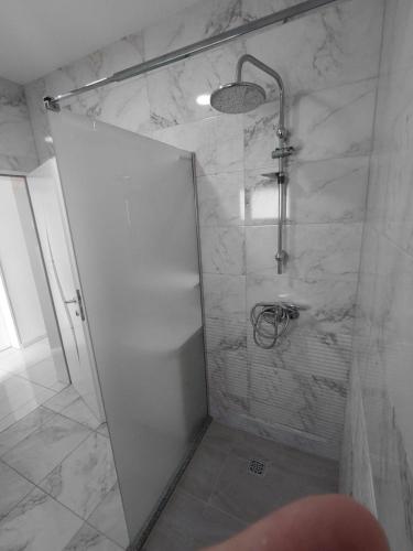a shower with a glass door in a bathroom at Villa Abi Center in Struga