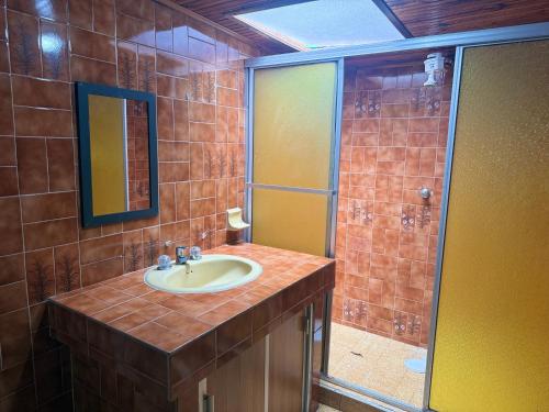a bathroom with a sink and a shower at Hostal Castillo in Filandia
