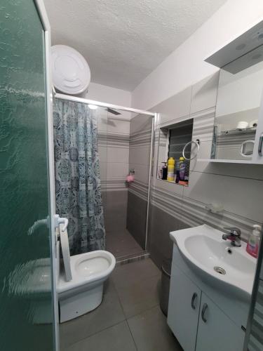 a bathroom with a shower and a toilet and a sink at Geri Apartment in Ksamil
