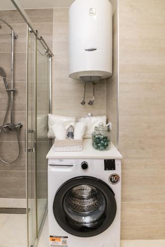 a washer and dryer in a bathroom with a shower at Luxury Apartment Milos in Dobrota