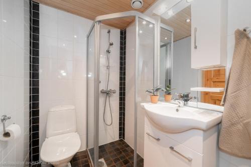 a bathroom with a shower and a toilet and a sink at Kelo Haven, 2 x skipasses Ruka-Pyhä included, skibus nearby in Ruka