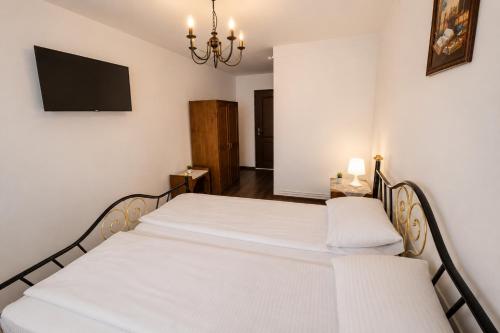 a bedroom with two beds and a flat screen tv at Pensiunea Alpin Marisel Self Check-in in Mărişel