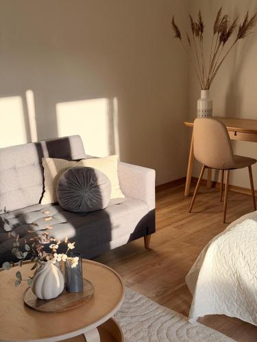 a living room with a couch and a table at Sunset holiday house in Liepāja