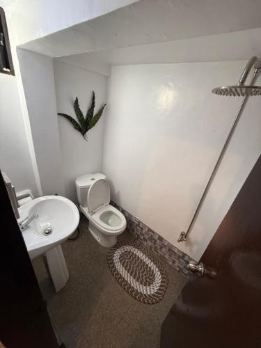 a bathroom with a toilet and a sink with a bird on the wall at Zhaya's Beachfront in El Nido