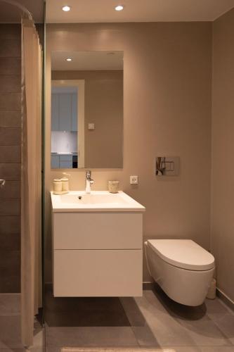 a bathroom with a sink and a toilet and a mirror at Designer apartment with city view in Copenhagen