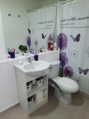 a bathroom with a sink and a toilet with butterflies on the shower curtain at Acogedor apartamento in Quilpué