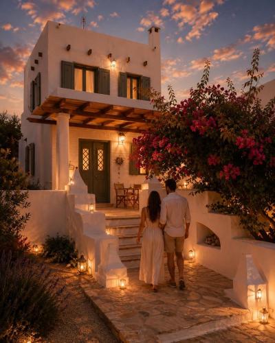 a man and a woman walking towards a house at Niriedes Villas in Leipsoi