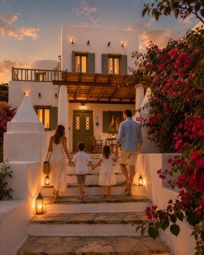 a family walking down the stairs of a house at Niriedes Villas in Leipsoi