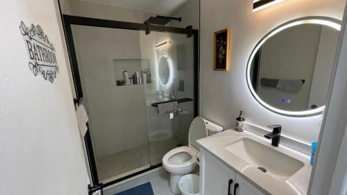 a bathroom with a toilet and a sink and a mirror at Queen Boutique Rooms in Toronto
