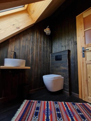 a wooden bathroom with a toilet and a sink at Siedlisko Leśny Jaśmin in Łuka